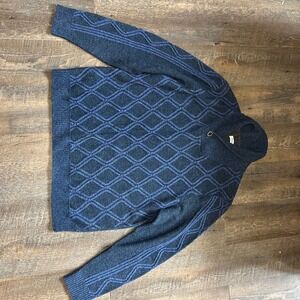 Tommy Bahama Mens Navy Blue‎ Diamond Cable Knit Wool Silk Shawl Collar Sweater L